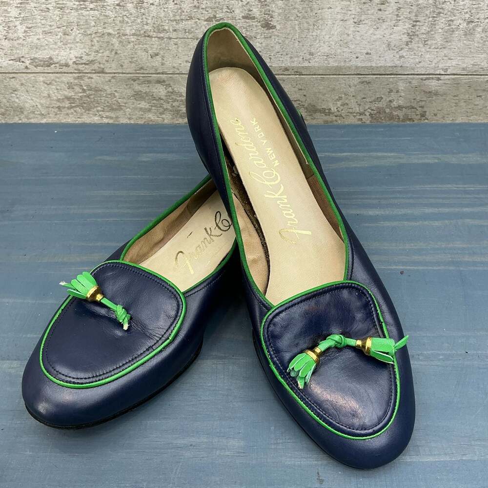 Vintage Frank Cardone New York Navy Blue Leather Tassel LoafersSize 7 with Green